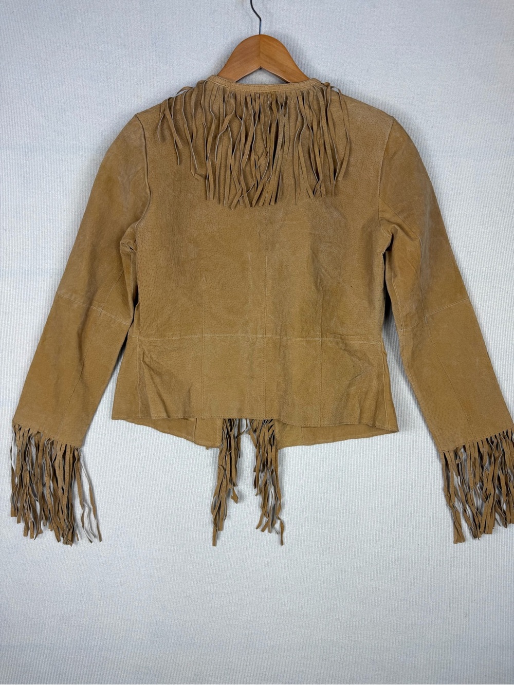 Vintage Outer Edge Genuine Leather Fringe Jacket Women L Tan Western Boho Suede - Picture 7 of 12